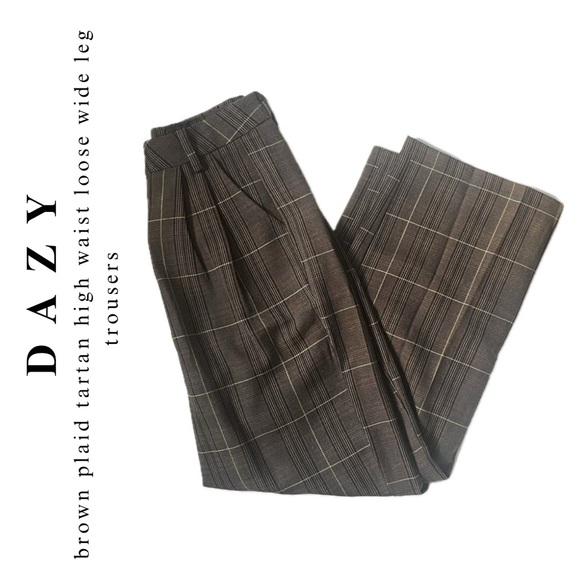 dazy β’ high waist brown plaid tartan loose wide leg pant trousers - Picture 4 of 16